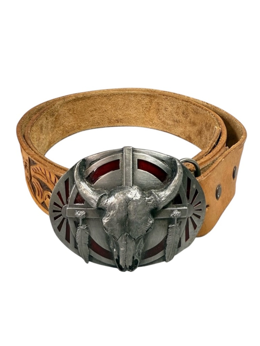 Vintage 1986 SISKIYOU Pewter Bull Skull Buckle and Hand Tooled Tan Leather Belt
